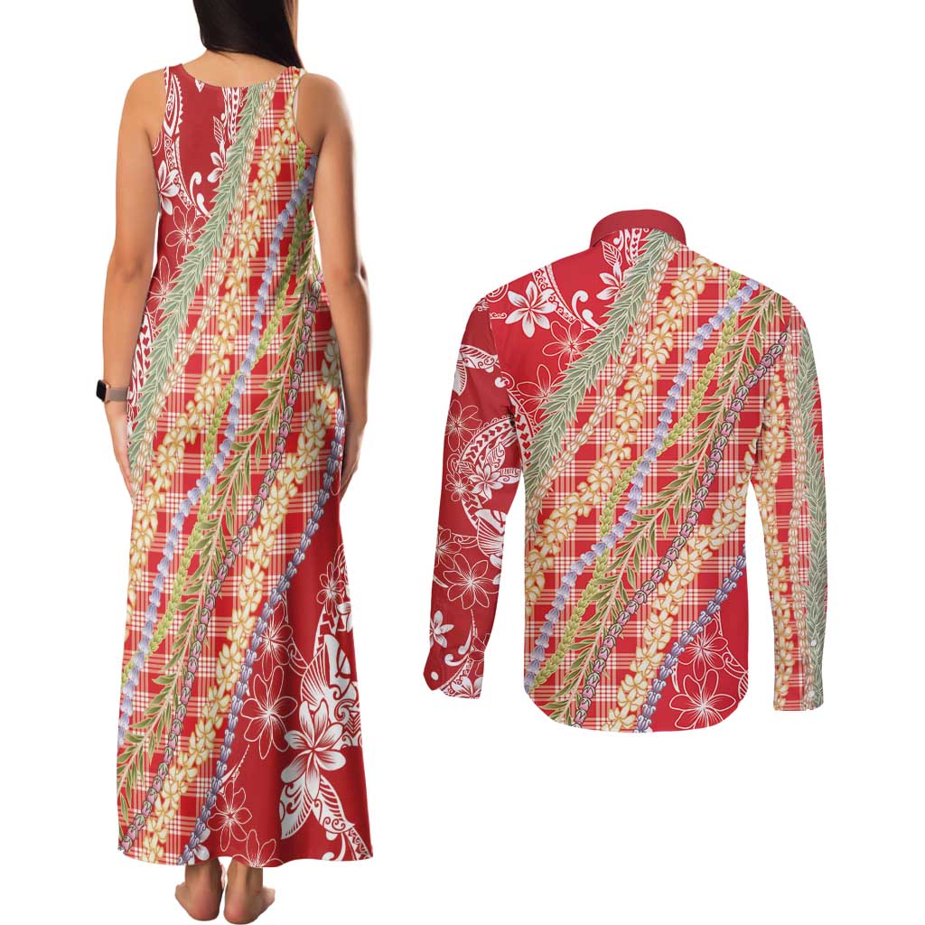 Red Palaka Hawaii Leis Couples Matching Tank Maxi Dress and Long Sleeve Button Shirt Hawaiian-plaid Elegant Tropical Vibes - Polynesian Pride