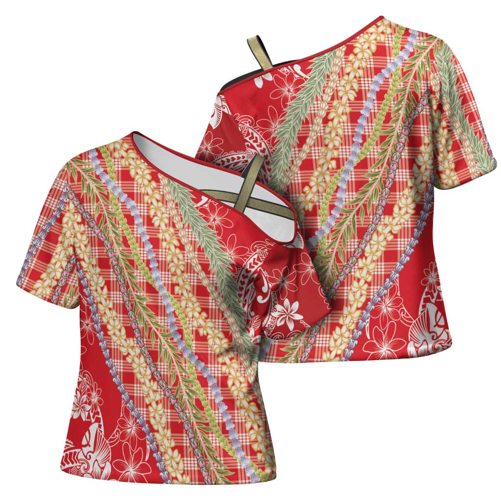 Red Palaka Hawaii Leis Cross Shoulder Shirt Hawaiian-plaid Elegant Tropical Vibes LT14 - Polynesian Pride
