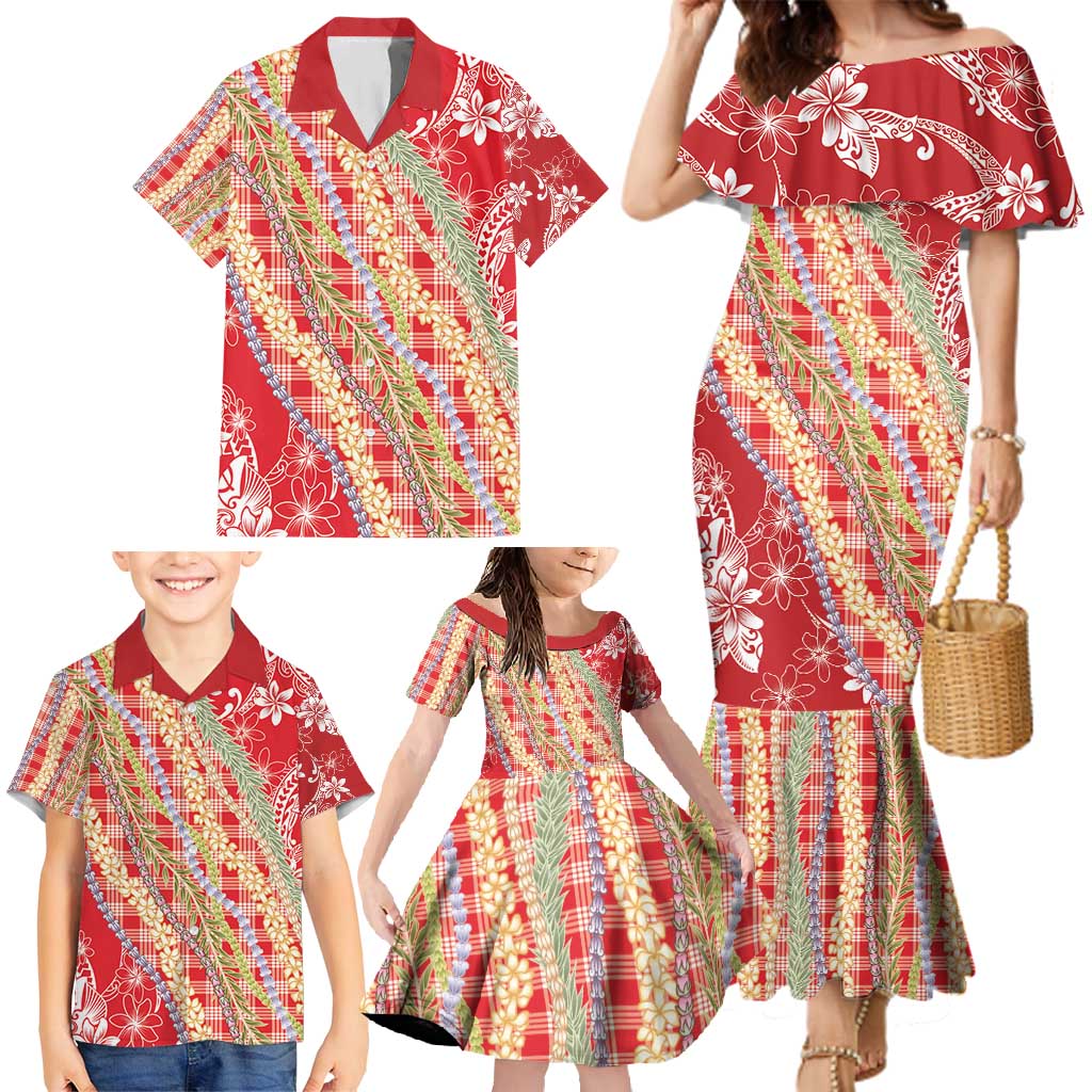 Red Palaka Hawaii Leis Family Matching Mermaid Dress and Hawaiian Shirt Hawaiian-plaid Elegant Tropical Vibes - Polynesian Pride