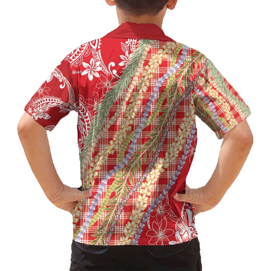 Red Palaka Hawaii Leis Family Matching Off Shoulder Maxi Dress and Hawaiian Shirt Hawaiian-plaid Elegant Tropical Vibes - Polynesian Pride