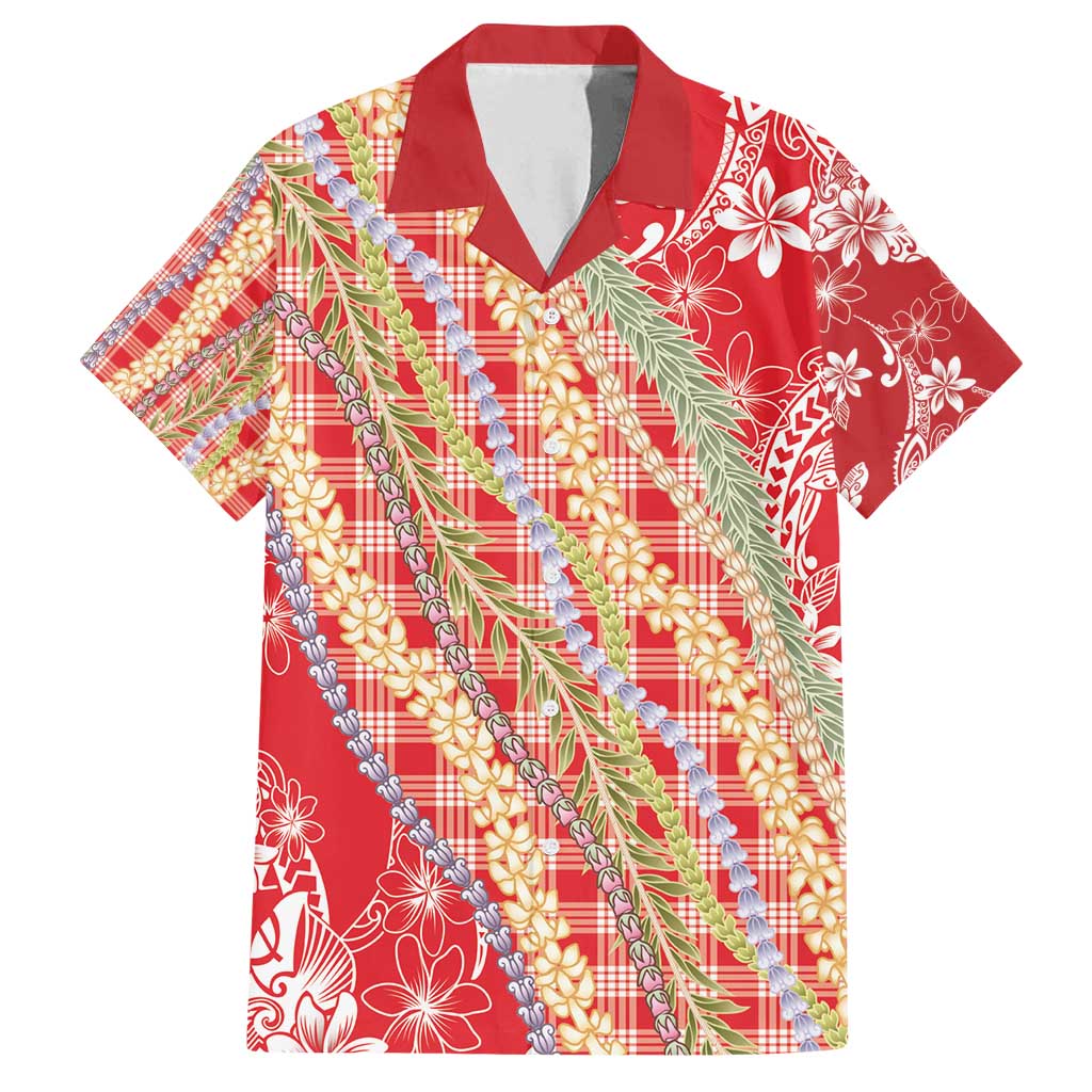 Red Palaka Hawaii Leis Family Matching Off Shoulder Short Dress and Hawaiian Shirt Hawaiian-plaid Elegant Tropical Vibes - Polynesian Pride