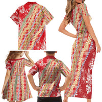 Red Palaka Hawaii Leis Family Matching Short Sleeve Bodycon Dress and Hawaiian Shirt Hawaiian-plaid Elegant Tropical Vibes - Polynesian Pride