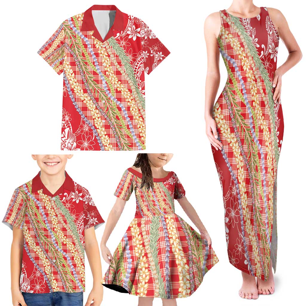 Red Palaka Hawaii Leis Family Matching Tank Maxi Dress and Hawaiian Shirt Hawaiian-plaid Elegant Tropical Vibes - Polynesian Pride