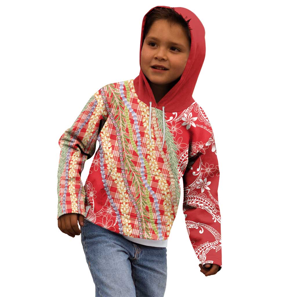 Red Palaka Hawaii Leis Kid Hoodie Hawaiian-plaid Elegant Tropical Vibes - Polynesian Pride