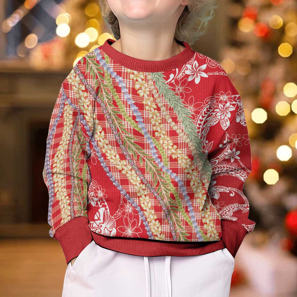 Red Palaka Hawaii Leis Kid Ugly Christmas Sweater Hawaiian-plaid Elegant Tropical Vibes LT14 - Polynesian Pride