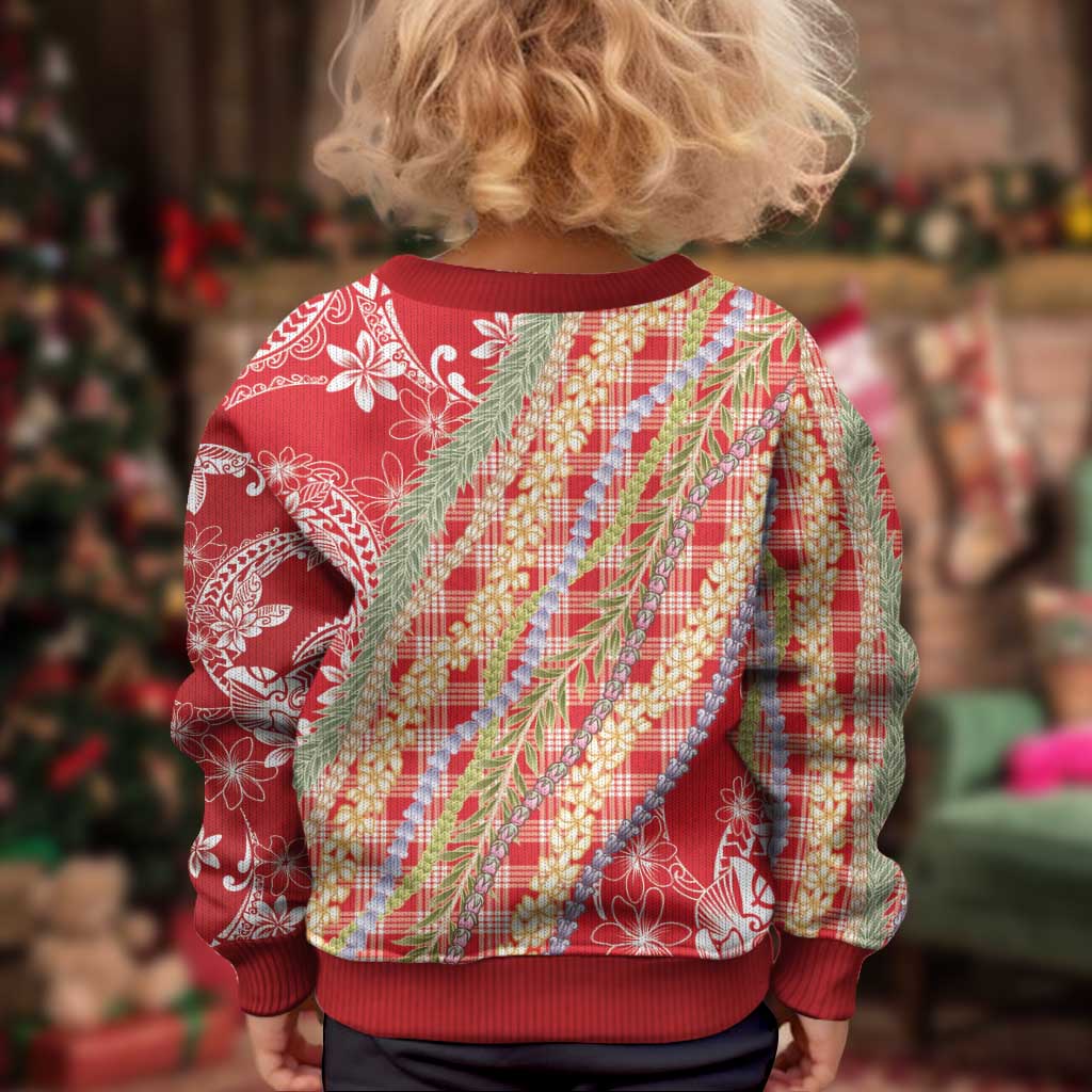 Red Palaka Hawaii Leis Kid Ugly Christmas Sweater Hawaiian-plaid Elegant Tropical Vibes LT14 - Polynesian Pride