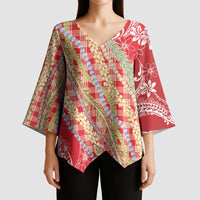 Red Palaka Hawaii Leis Kimono Sleeve Blouse Hawaiian-plaid Elegant Tropical Vibes - Polynesian Pride