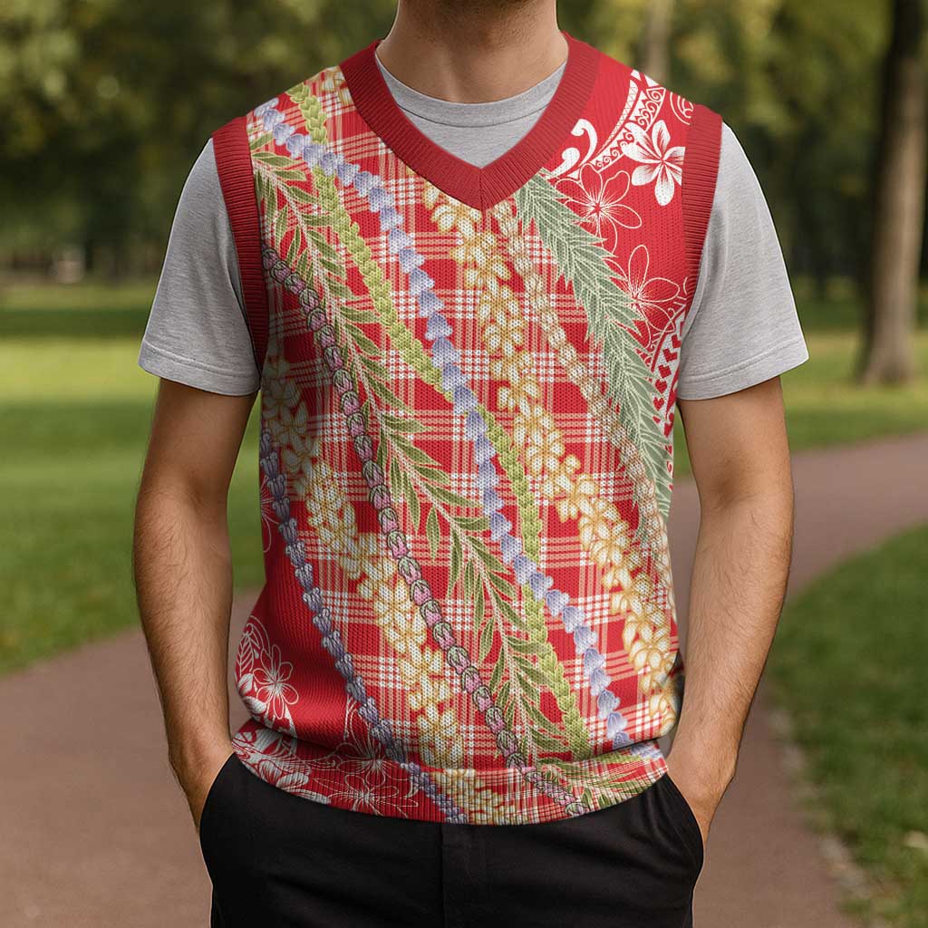 Red Palaka Hawaii Leis Christmas Knitted V-Neck Vest Hawaiian-plaid Elegant Tropical Vibes LT14 - Polynesian Pride