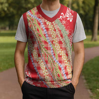 Red Palaka Hawaii Leis Christmas Knitted V-Neck Vest Hawaiian-plaid Elegant Tropical Vibes LT14 - Polynesian Pride