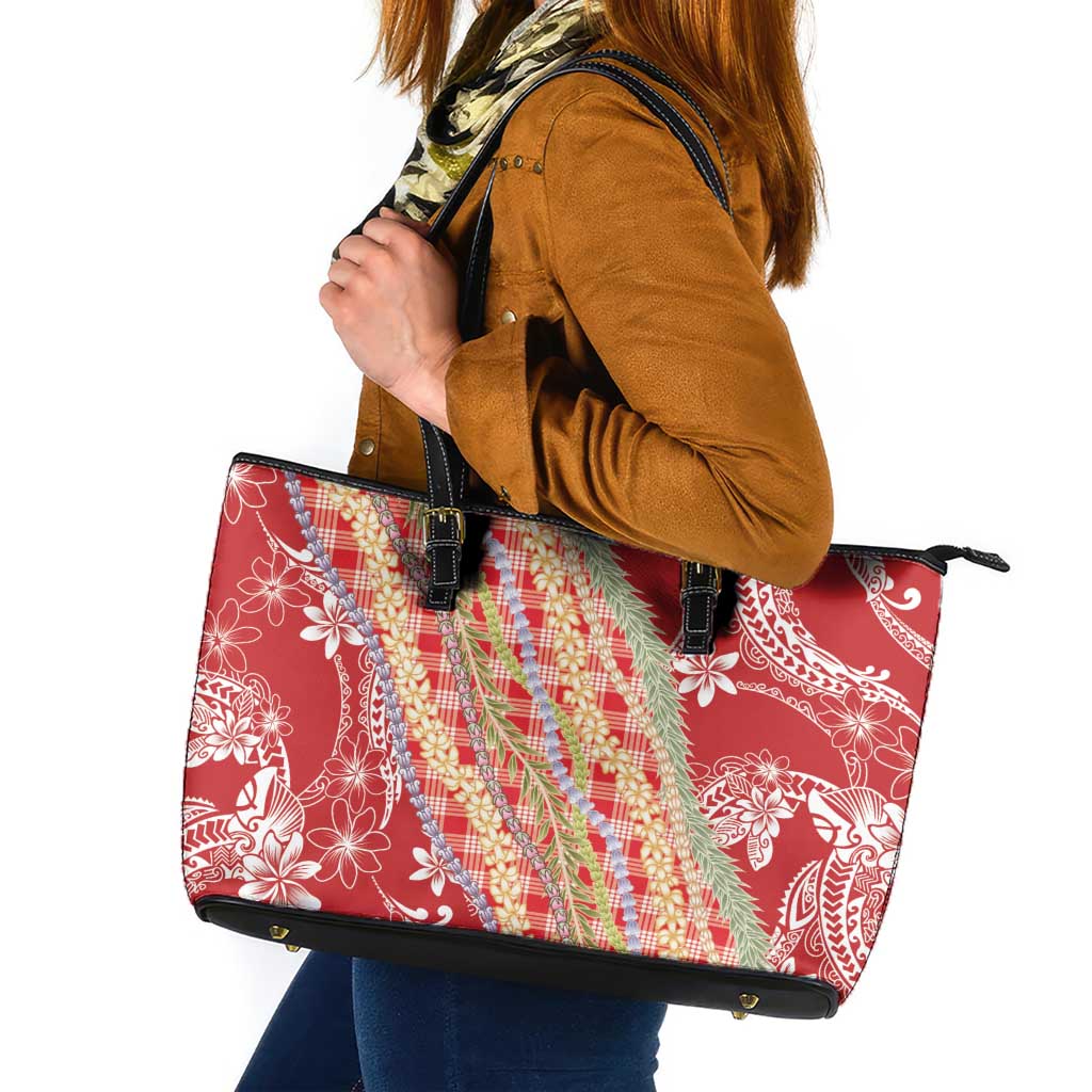 Red Palaka Hawaii Leis Leather Tote Bag Hawaiian-plaid Elegant Tropical Vibes LT14 Red - Polynesian Pride