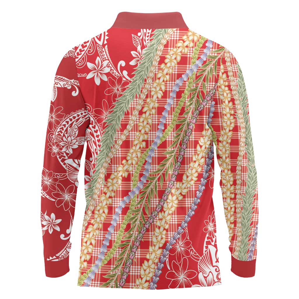 Red Palaka Hawaii Leis Long Sleeve Polo Shirt Hawaiian-plaid Elegant Tropical Vibes - Polynesian Pride