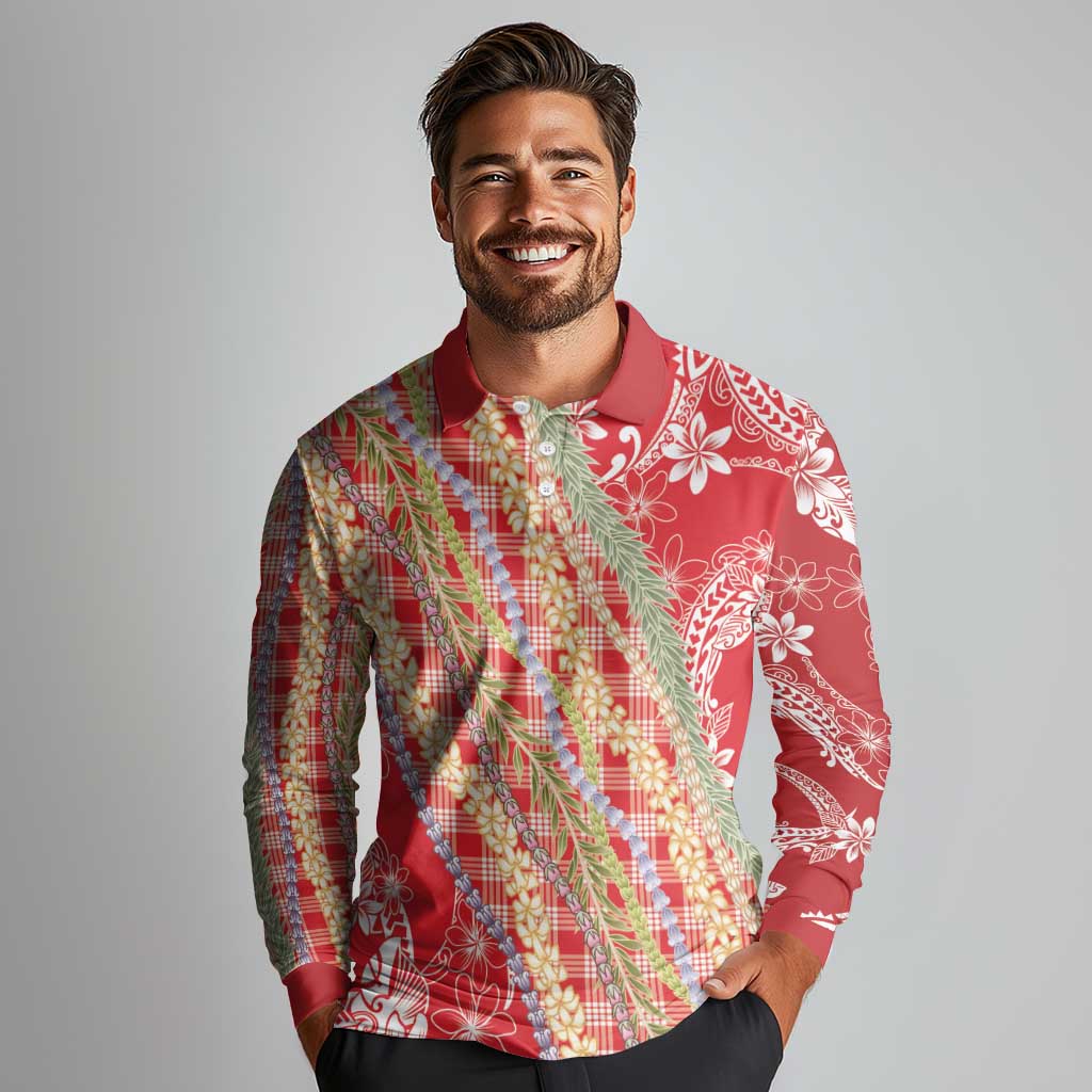 Red Palaka Hawaii Leis Long Sleeve Polo Shirt Hawaiian-plaid Elegant Tropical Vibes - Polynesian Pride