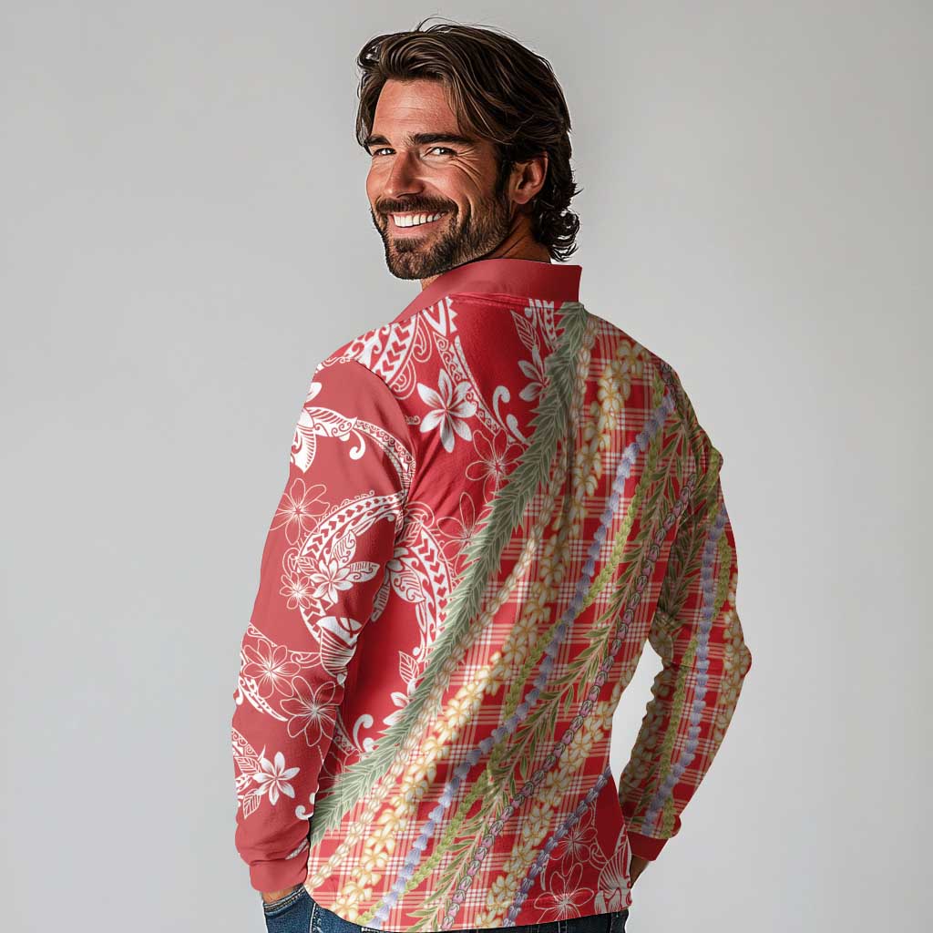 Red Palaka Hawaii Leis Long Sleeve Polo Shirt Hawaiian-plaid Elegant Tropical Vibes - Polynesian Pride