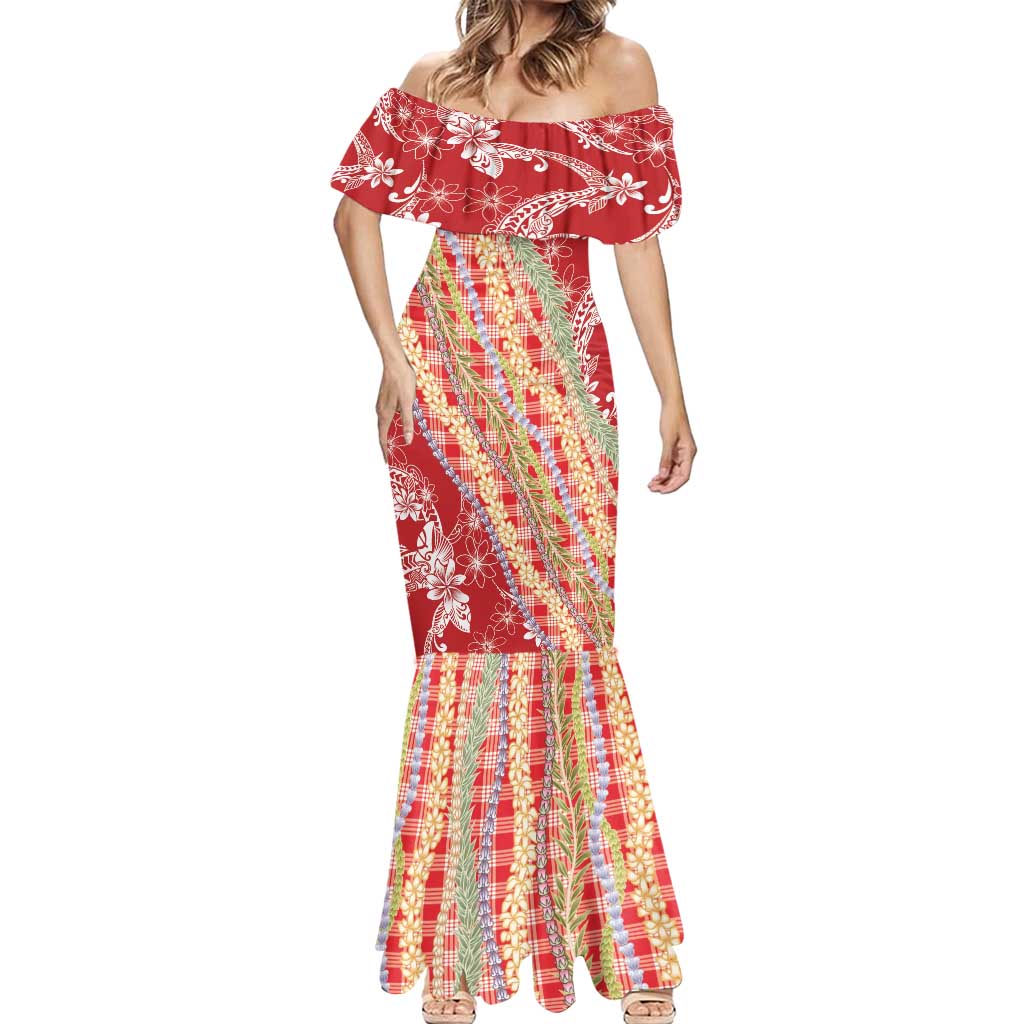 Red Palaka Hawaii Leis Mermaid Dress Hawaiian-plaid Elegant Tropical Vibes - Polynesian Pride