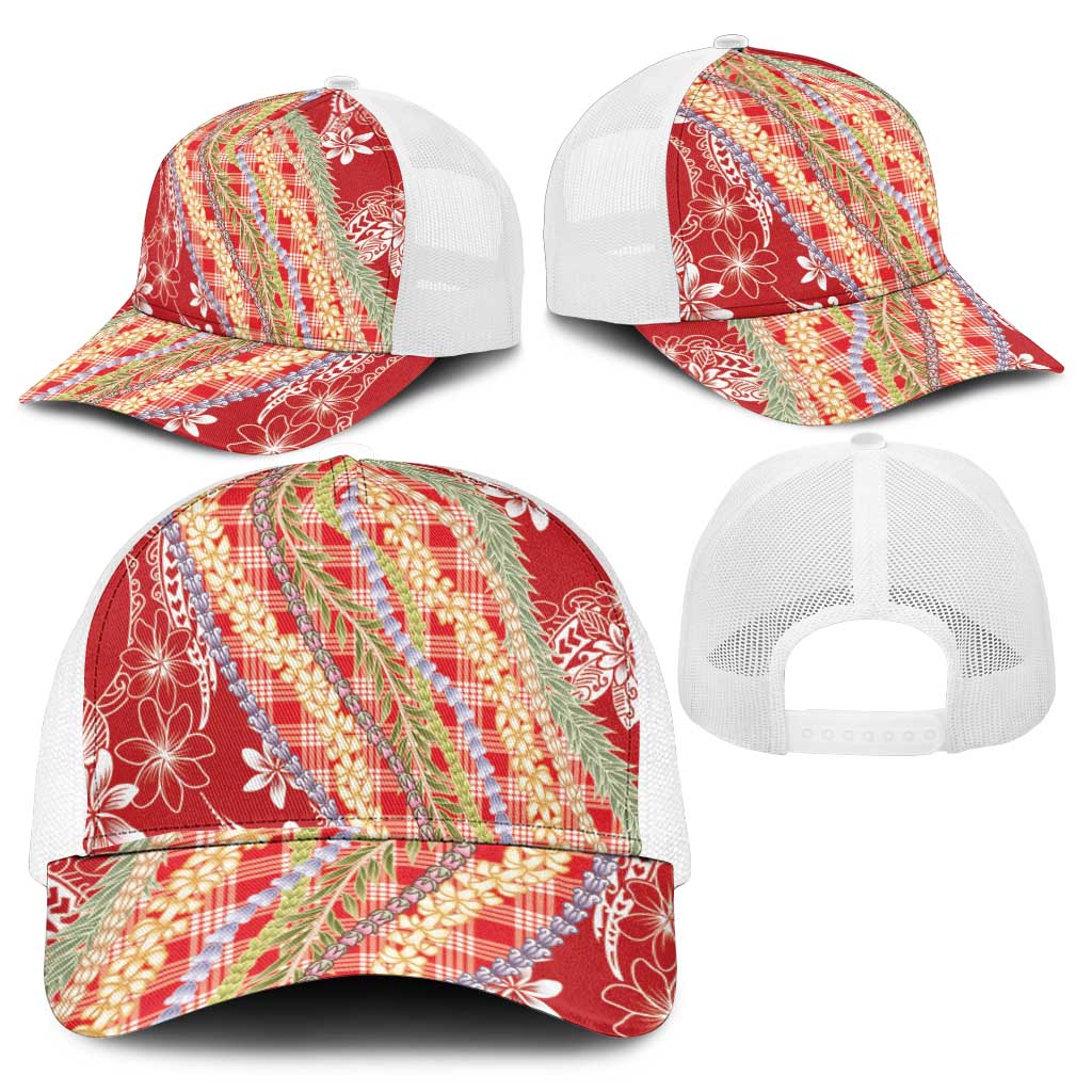 Red Palaka Hawaii Leis Mesh Trucker Cap Hawaiian-plaid Elegant Tropical Vibes - Polynesian Pride