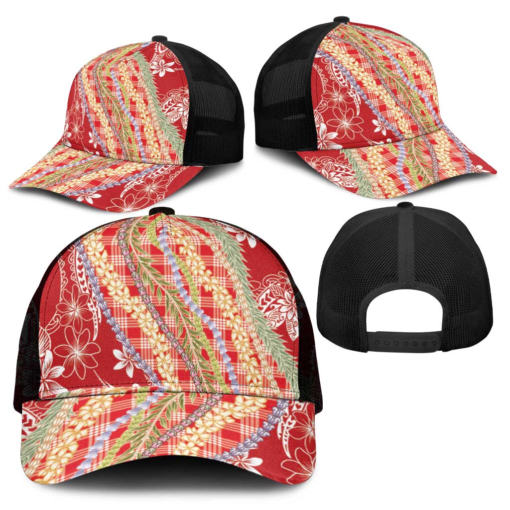 Red Palaka Hawaii Leis Mesh Trucker Cap Hawaiian-plaid Elegant Tropical Vibes - Polynesian Pride