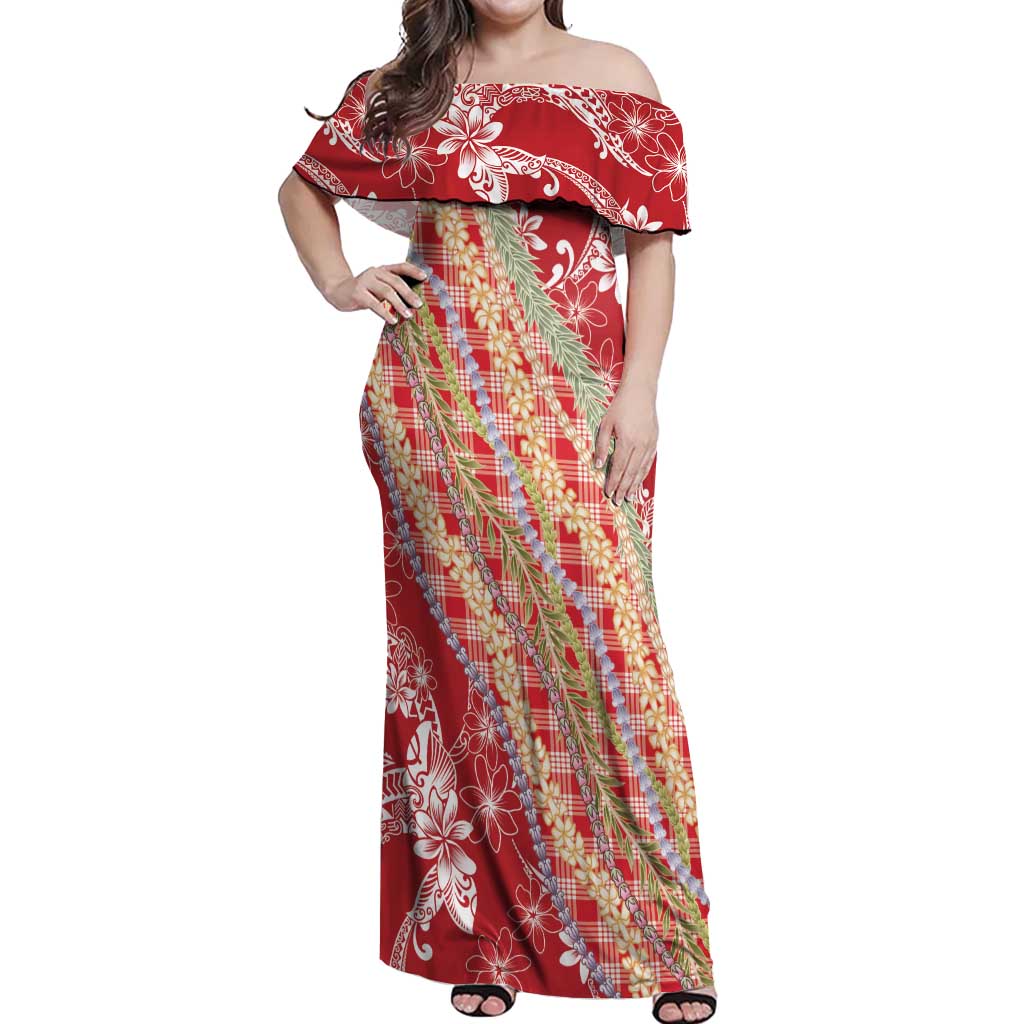 Red Palaka Hawaii Leis Off Shoulder Maxi Dress Hawaiian-plaid Elegant Tropical Vibes - Polynesian Pride