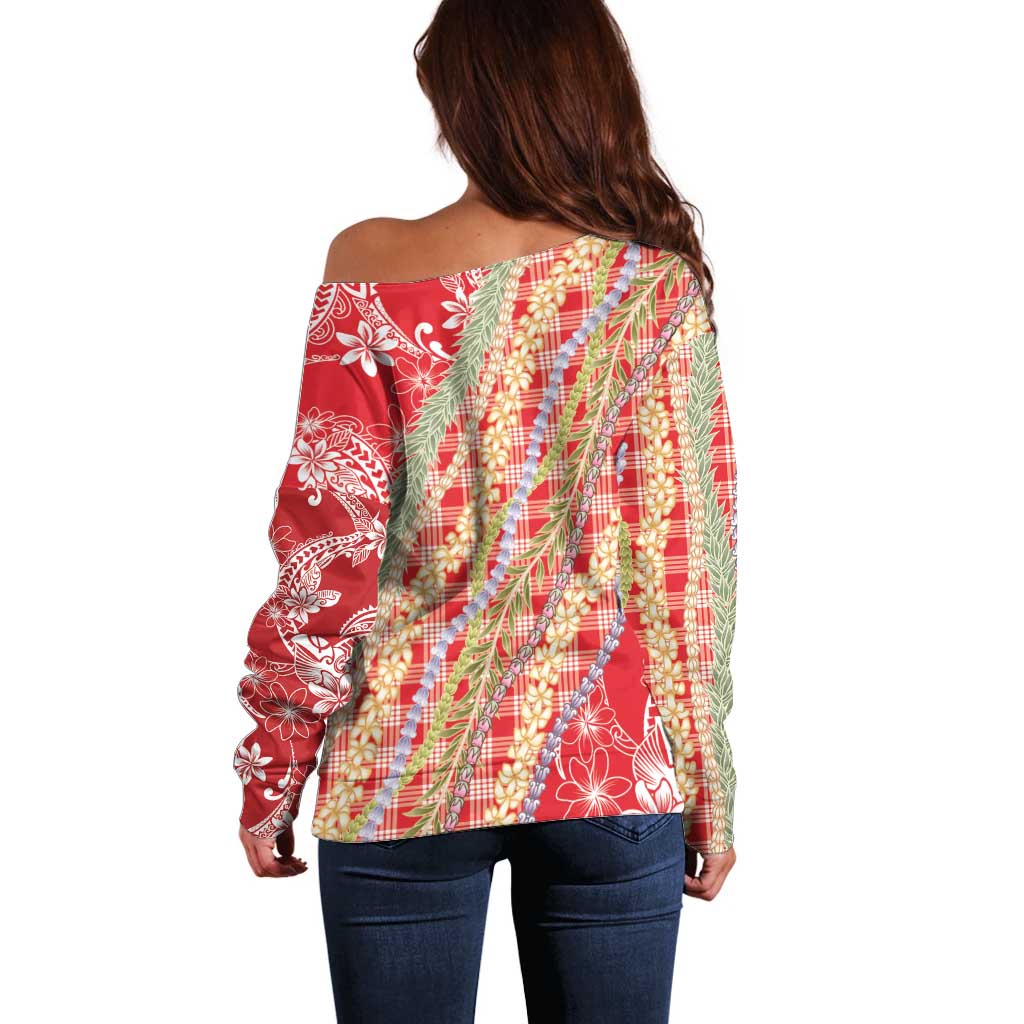 Red Palaka Hawaii Leis Off Shoulder Sweater Hawaiian-plaid Elegant Tropical Vibes - Polynesian Pride