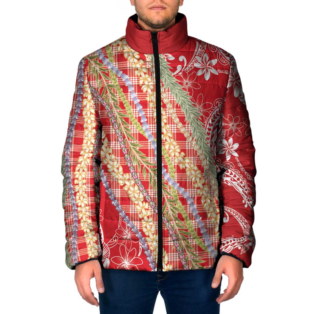 Red Palaka Hawaii Leis Padded Jacket Hawaiian-plaid Elegant Tropical Vibes LT14 Men Red - Polynesian Pride