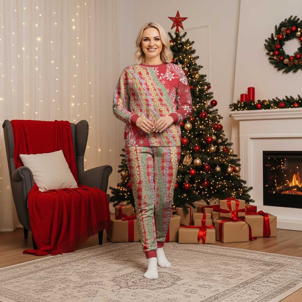 Red Palaka Hawaii Leis Christmas Pajama Set Hawaiian-plaid Elegant Tropical Vibes LT14 Women Red - Polynesian Pride