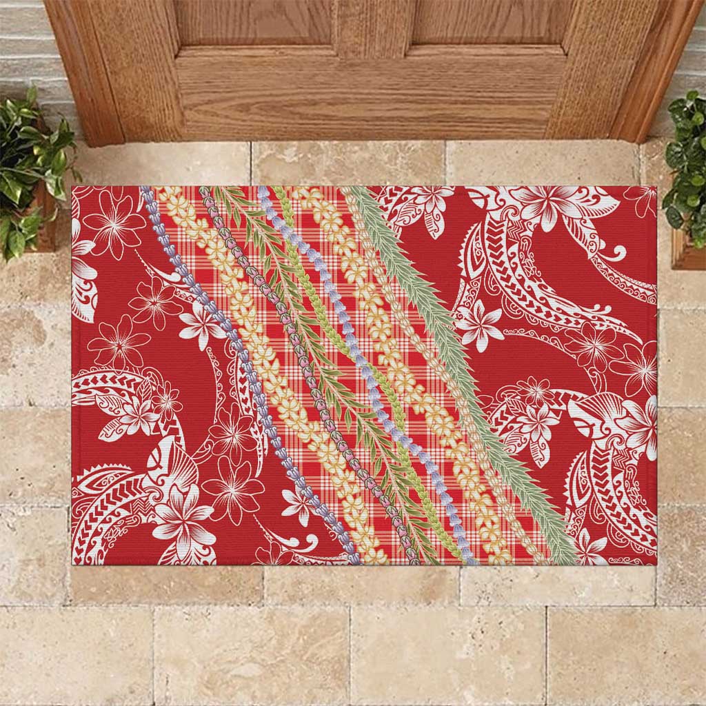 Red Palaka Hawaii Leis Rubber Doormat Hawaiian-plaid Elegant Tropical Vibes LT14 Red - Polynesian Pride