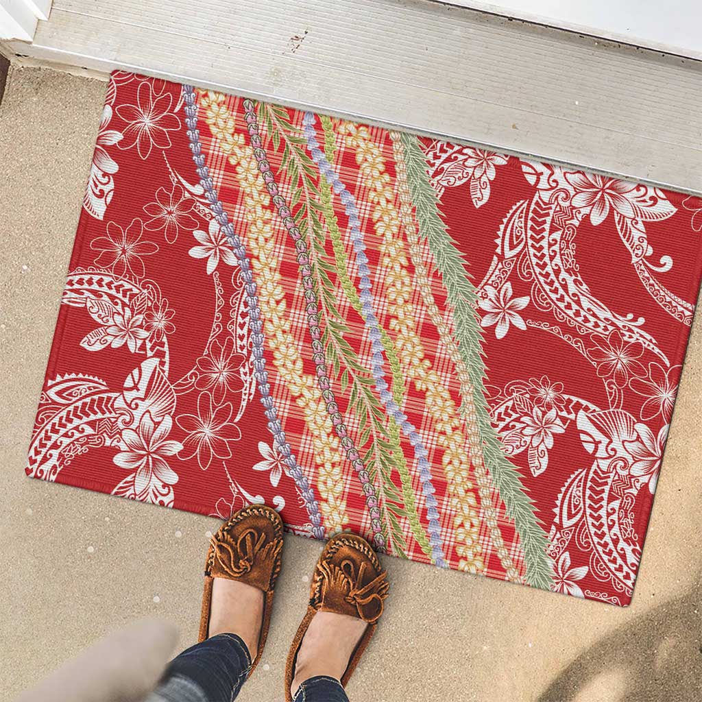 Red Palaka Hawaii Leis Rubber Doormat Hawaiian-plaid Elegant Tropical Vibes LT14 - Polynesian Pride
