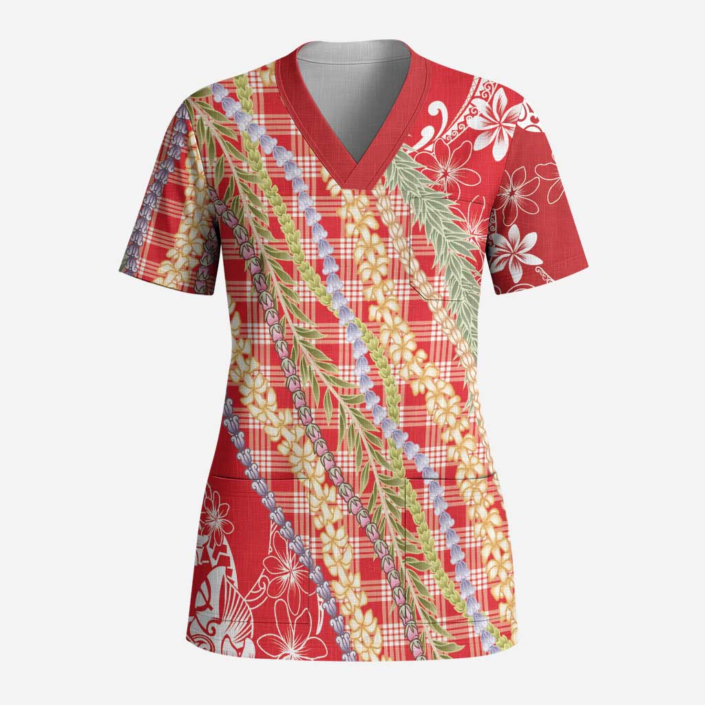Red Palaka Hawaii Leis Scrub Top Hawaiian-plaid Elegant Tropical Vibes LT14 Adult Red - Polynesian Pride