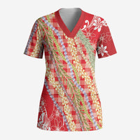 Red Palaka Hawaii Leis Scrub Top Hawaiian-plaid Elegant Tropical Vibes LT14 Adult Red - Polynesian Pride