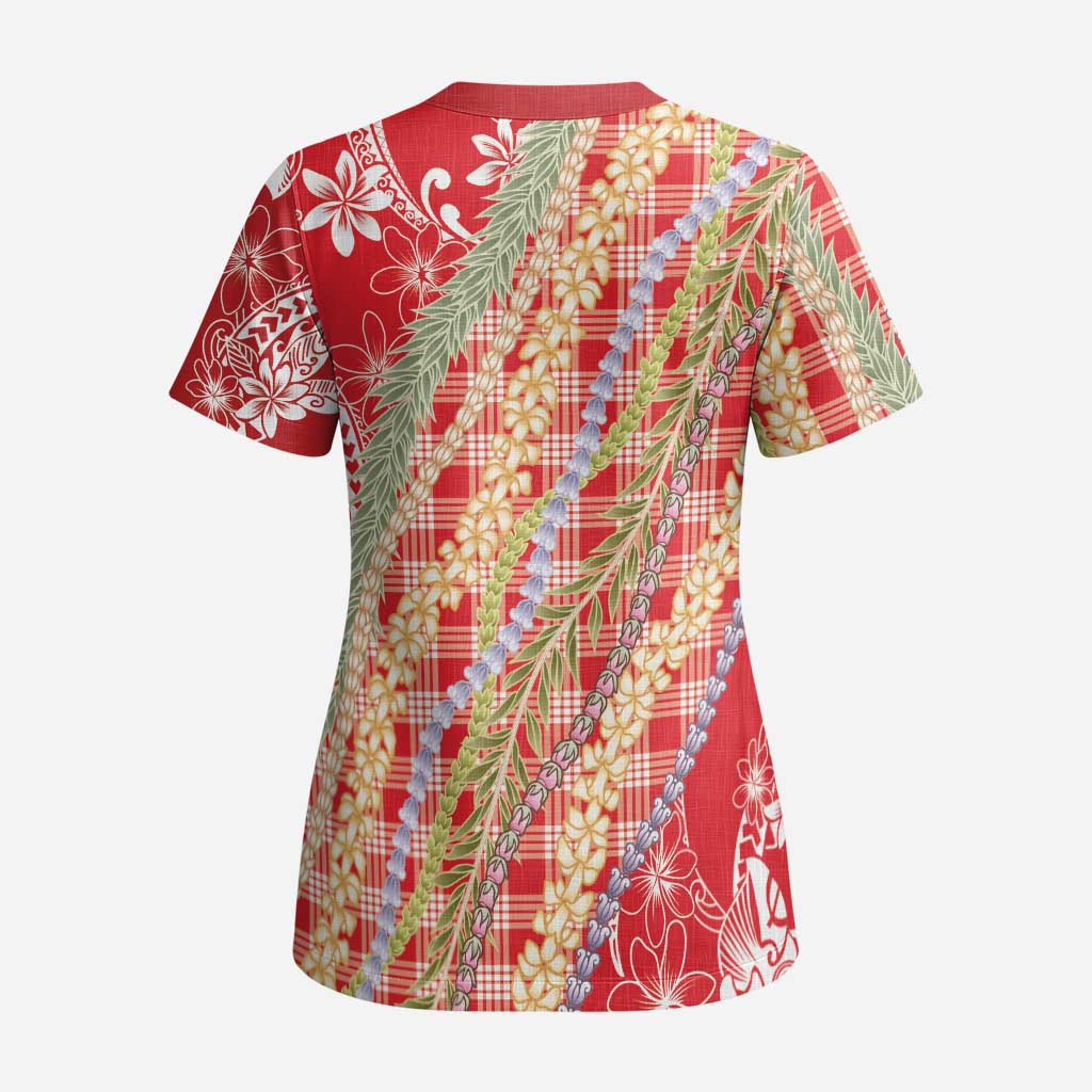 Red Palaka Hawaii Leis Scrub Top Hawaiian-plaid Elegant Tropical Vibes LT14 - Polynesian Pride