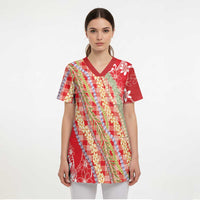 Red Palaka Hawaii Leis Scrub Top Hawaiian-plaid Elegant Tropical Vibes LT14 - Polynesian Pride