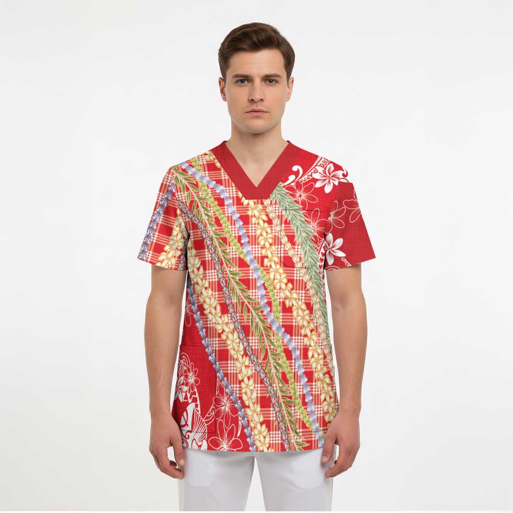 Red Palaka Hawaii Leis Scrub Top Hawaiian-plaid Elegant Tropical Vibes LT14 - Polynesian Pride