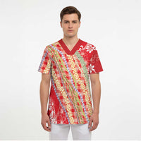 Red Palaka Hawaii Leis Scrub Top Hawaiian-plaid Elegant Tropical Vibes LT14 - Polynesian Pride