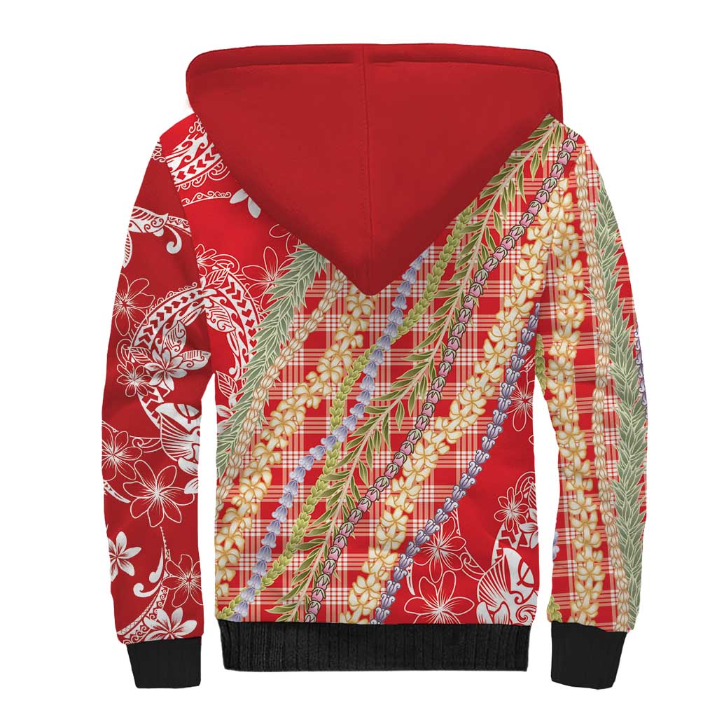 Red Palaka Hawaii Leis Sherpa Hoodie Hawaiian-plaid Elegant Tropical Vibes - Polynesian Pride