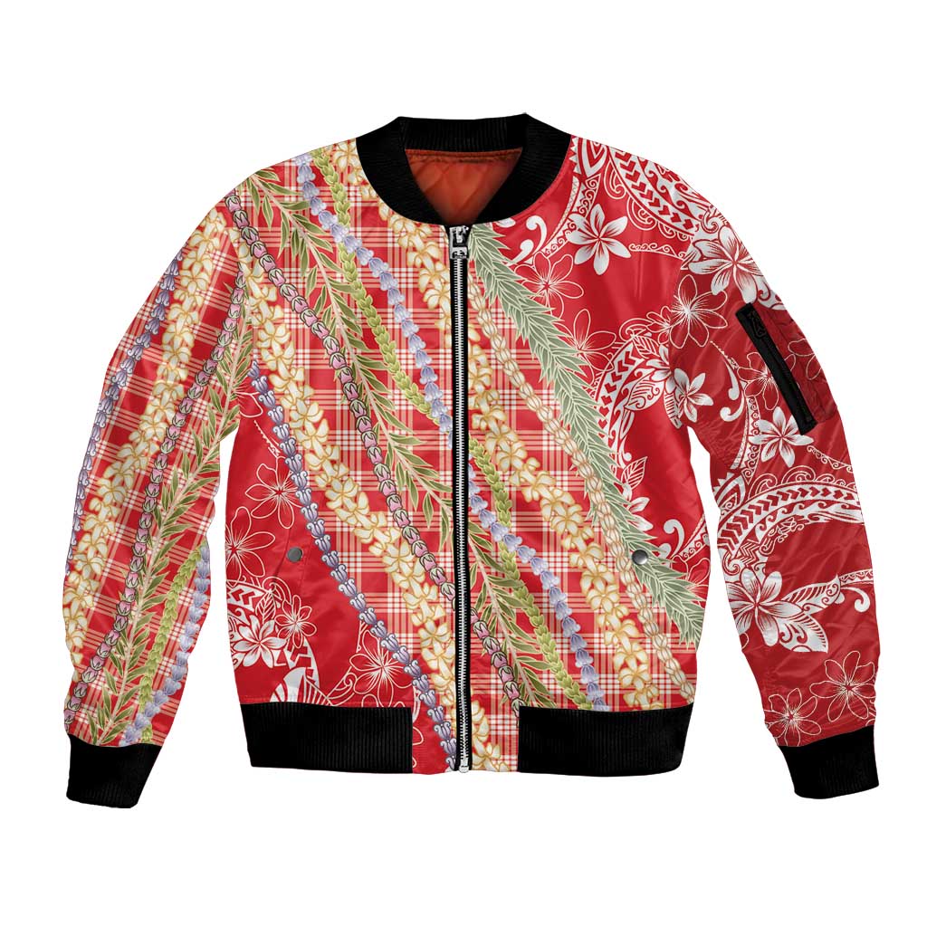 Red Palaka Hawaii Leis Sleeve Zip Bomber Jacket Hawaiian-plaid Elegant Tropical Vibes LT14 Unisex Red - Polynesian Pride