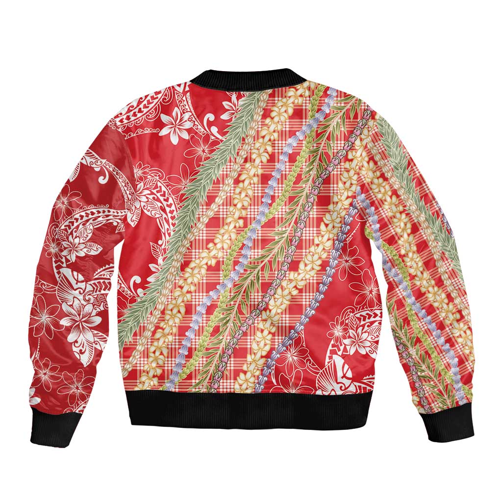 Red Palaka Hawaii Leis Sleeve Zip Bomber Jacket Hawaiian-plaid Elegant Tropical Vibes LT14 - Polynesian Pride
