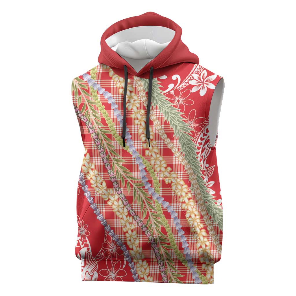 Red Palaka Hawaii Leis Sleeveless Hoodie Hawaiian-plaid Elegant Tropical Vibes LT14 Red - Polynesian Pride