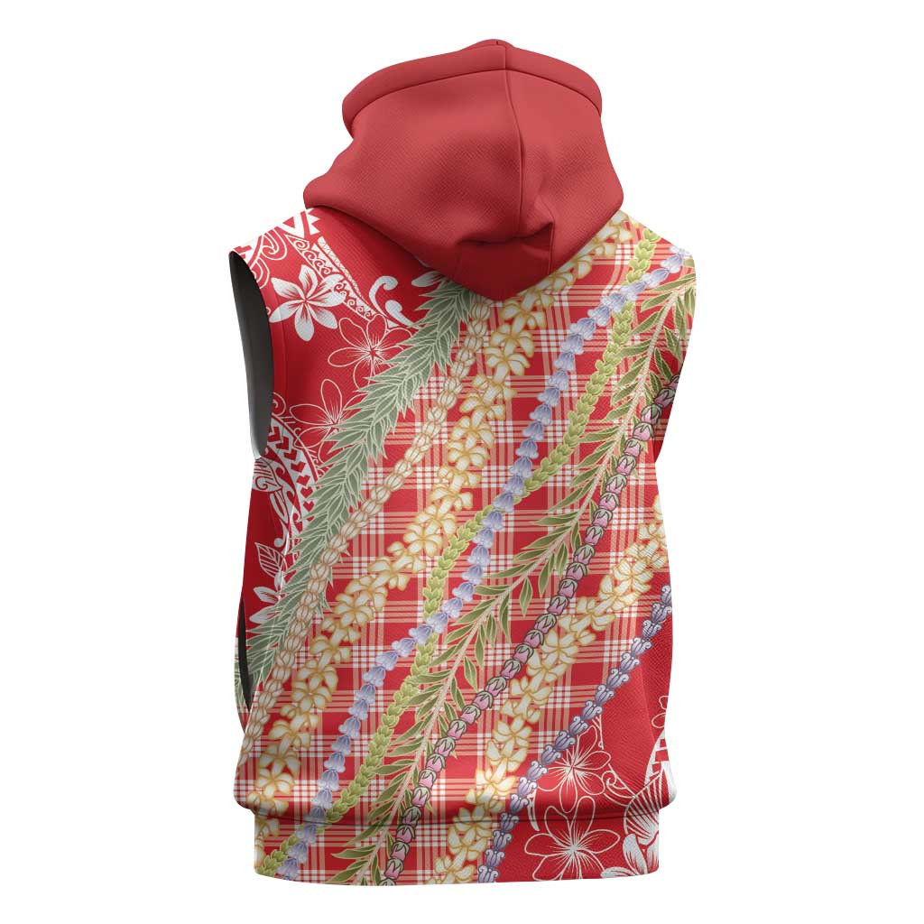 Red Palaka Hawaii Leis Sleeveless Hoodie Hawaiian-plaid Elegant Tropical Vibes LT14 - Polynesian Pride