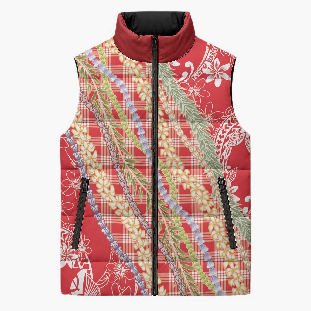 Red Palaka Hawaii Leis Sleeveless Puffer Jacket Hawaiian-plaid Elegant Tropical Vibes LT14 Unisex Red - Polynesian Pride