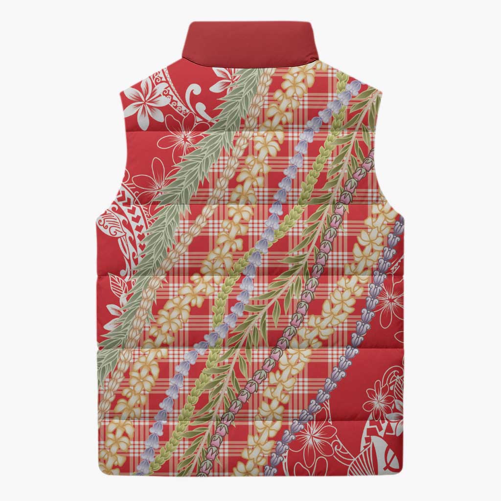 Red Palaka Hawaii Leis Sleeveless Puffer Jacket Hawaiian-plaid Elegant Tropical Vibes LT14 - Polynesian Pride