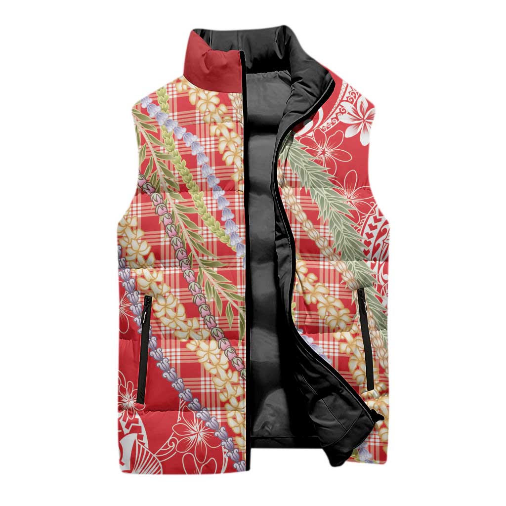 Red Palaka Hawaii Leis Sleeveless Puffer Jacket Hawaiian-plaid Elegant Tropical Vibes LT14 - Polynesian Pride