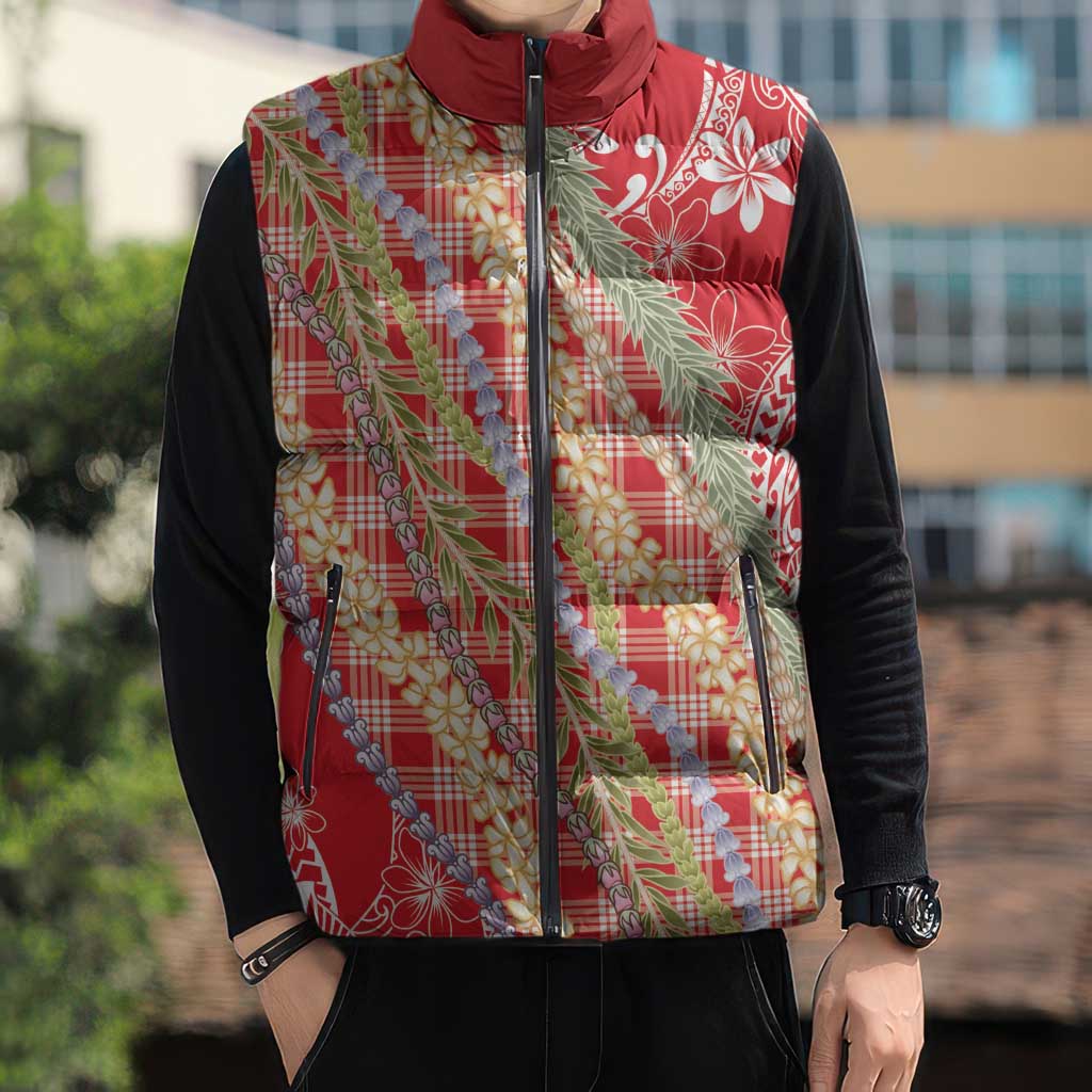 Red Palaka Hawaii Leis Sleeveless Puffer Jacket Hawaiian-plaid Elegant Tropical Vibes LT14 - Polynesian Pride