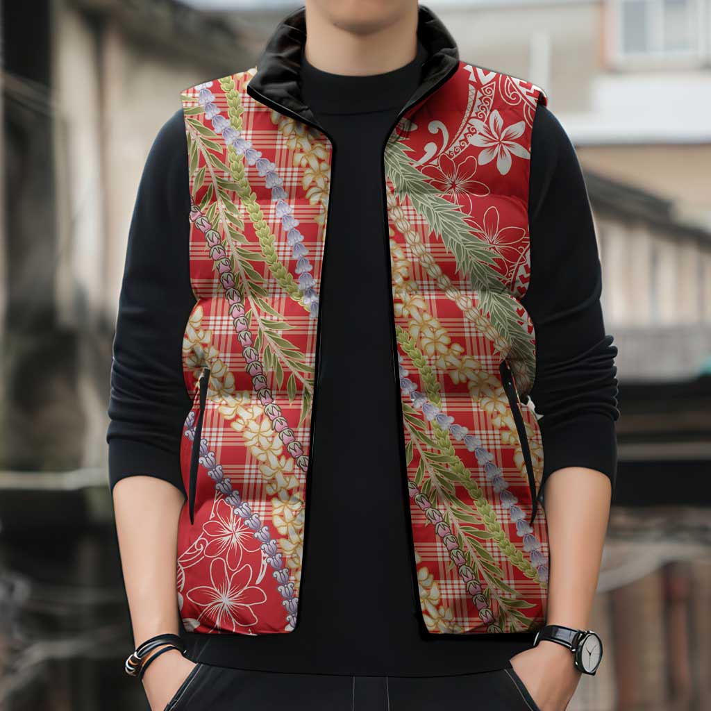 Red Palaka Hawaii Leis Sleeveless Puffer Jacket Hawaiian-plaid Elegant Tropical Vibes LT14 - Polynesian Pride
