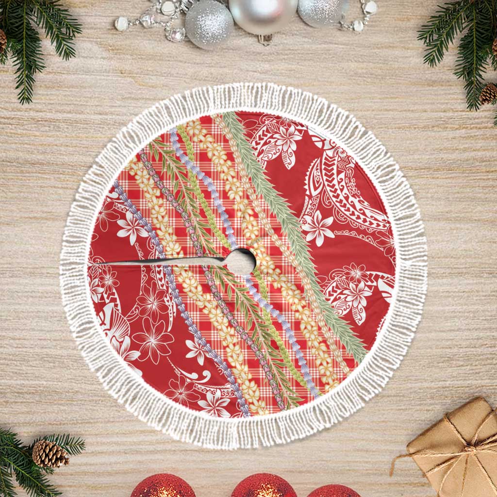 Red Palaka Hawaii Leis Tree Skirt Hawaiian-plaid Elegant Tropical Vibes LT14 Fringed Red - Polynesian Pride