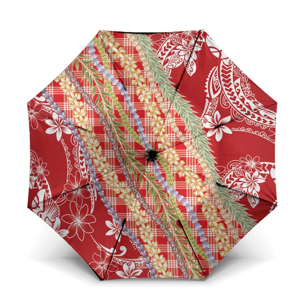 Red Palaka Hawaii Leis Umbrella Hawaiian-plaid Elegant Tropical Vibes - Polynesian Pride