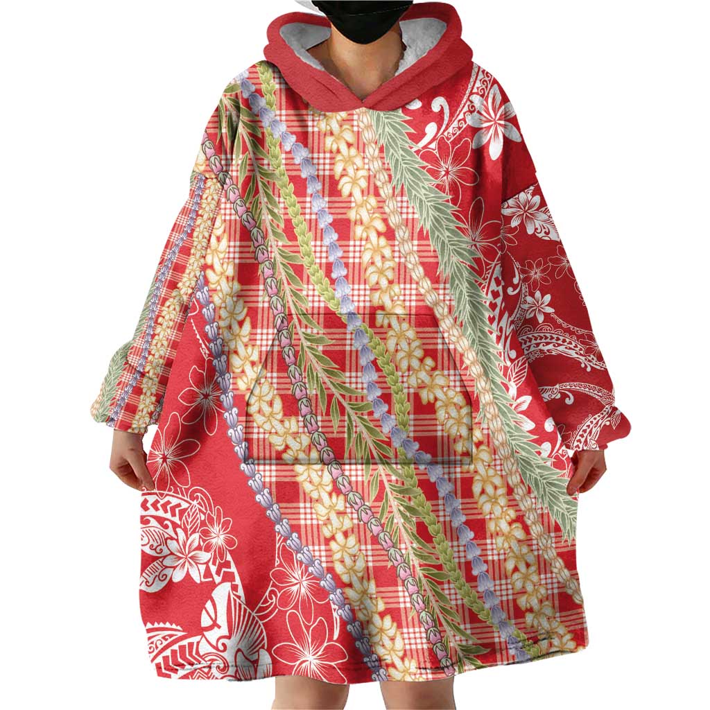 Red Palaka Hawaii Leis Wearable Blanket Hoodie Hawaiian-plaid Elegant Tropical Vibes LT14 - Polynesian Pride