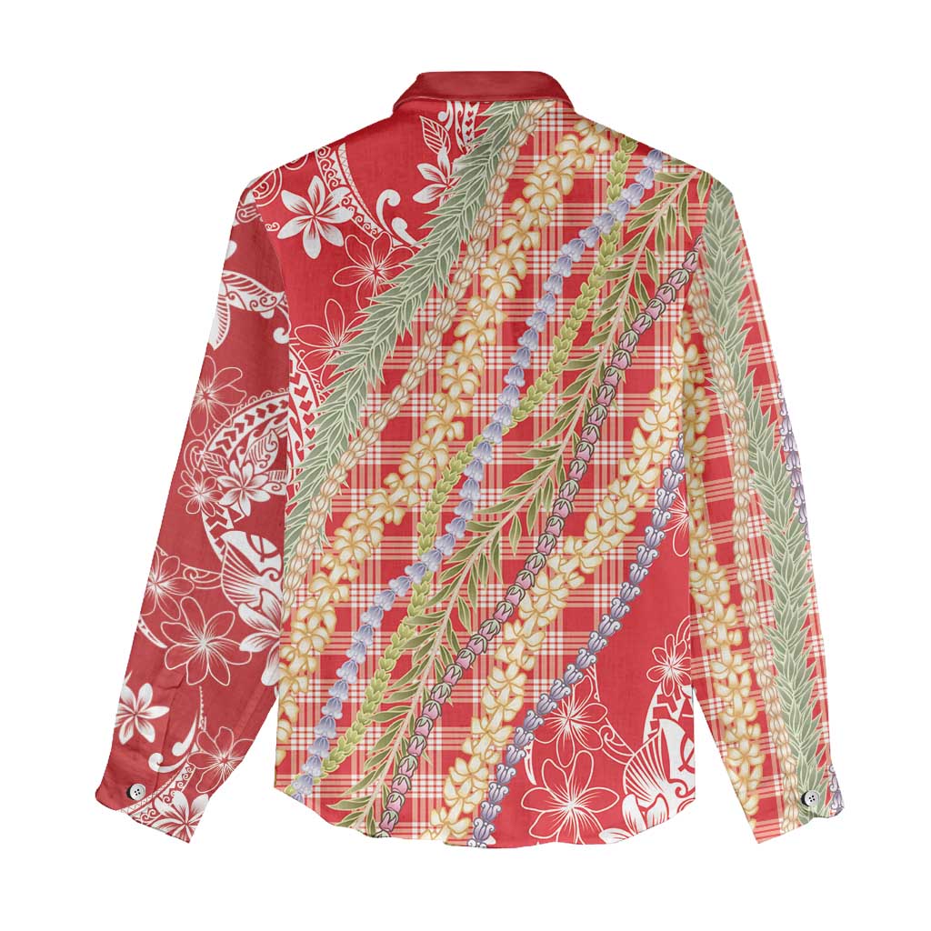 Red Palaka Hawaii Leis Women Casual Shirt Hawaiian-plaid Elegant Tropical Vibes - Polynesian Pride