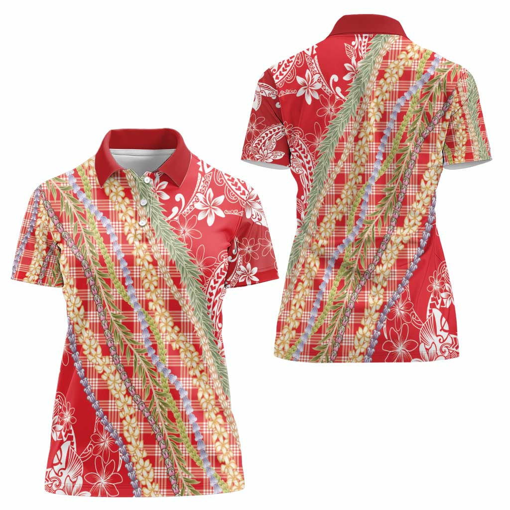 Red Palaka Hawaii Leis Women Polo Shirt Hawaiian-plaid Elegant Tropical Vibes - Polynesian Pride