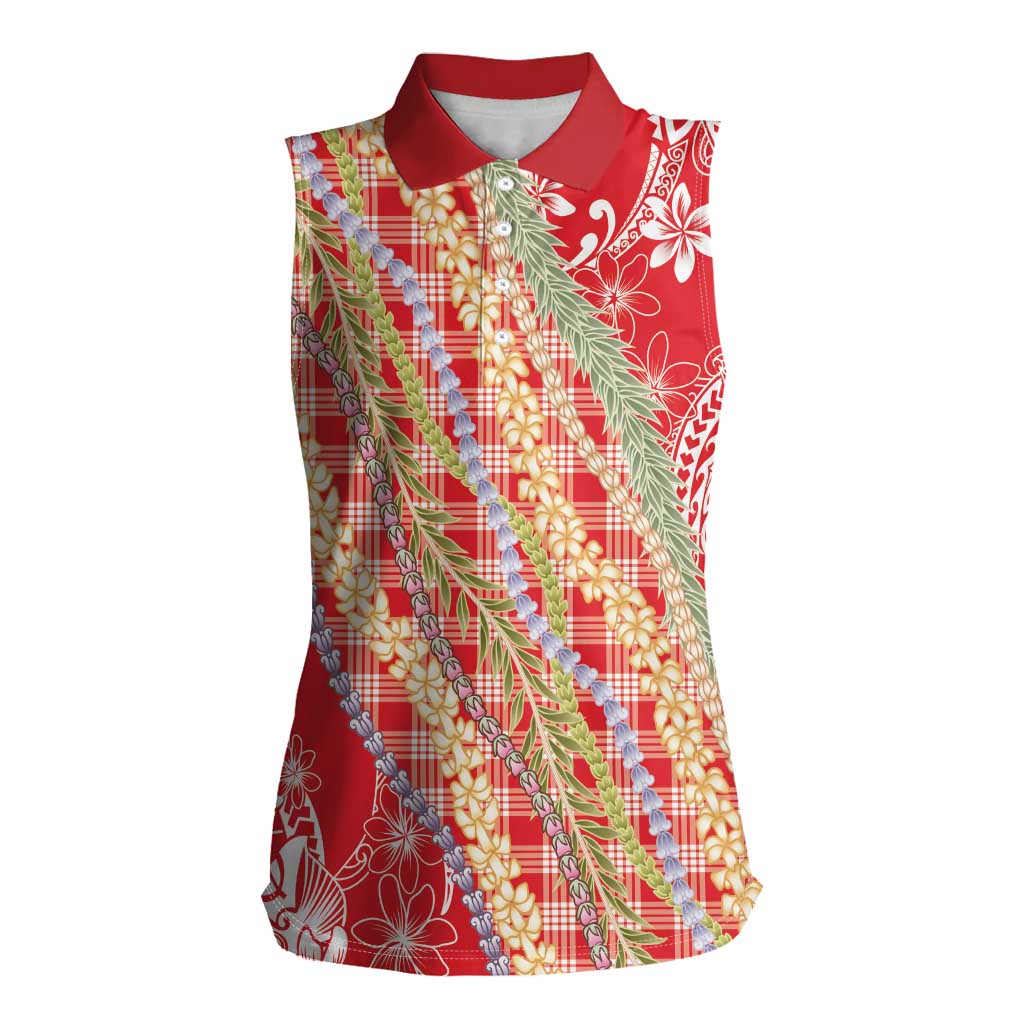 Red Palaka Hawaii Leis Women Sleeveless Polo Shirt Hawaiian-plaid Elegant Tropical Vibes - Polynesian Pride