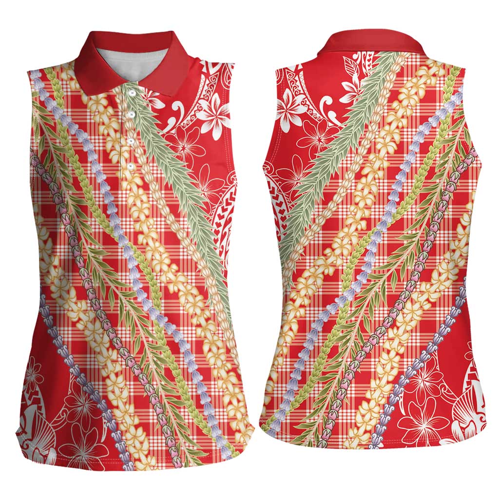 Red Palaka Hawaii Leis Women Sleeveless Polo Shirt Hawaiian-plaid Elegant Tropical Vibes - Polynesian Pride