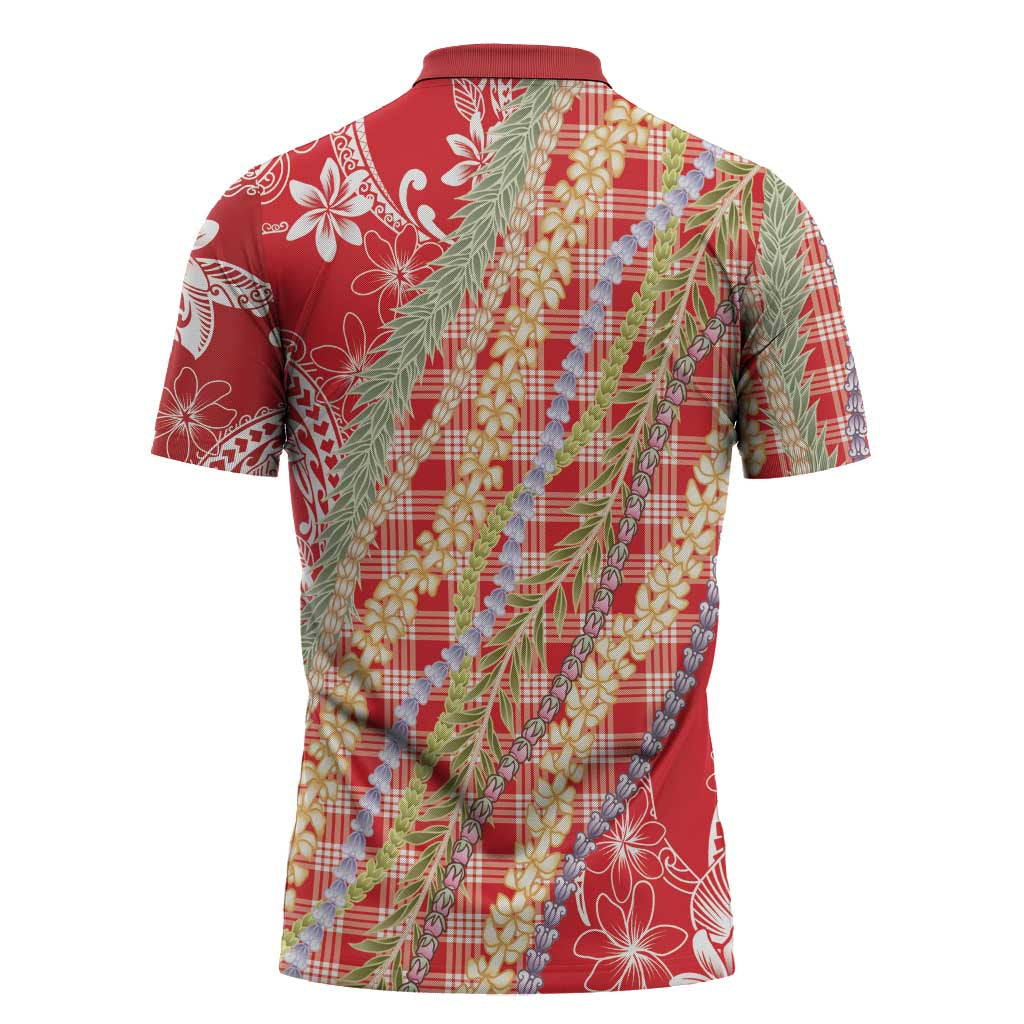 Red Palaka Hawaii Leis Zipper Polo Shirt Hawaiian-plaid Elegant Tropical Vibes - Polynesian Pride